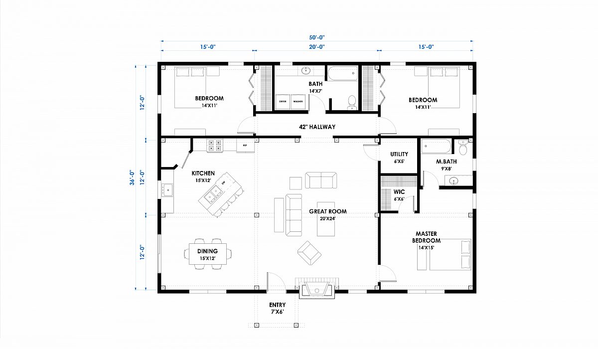 Timberlyne Hubbard 50x36 1800 SF Ponderosa Home Floor Plan Main