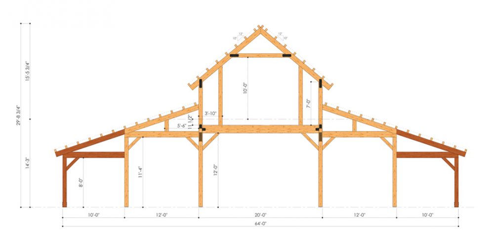 Barn package timber frame bent design 44x72 great plains western horse barn