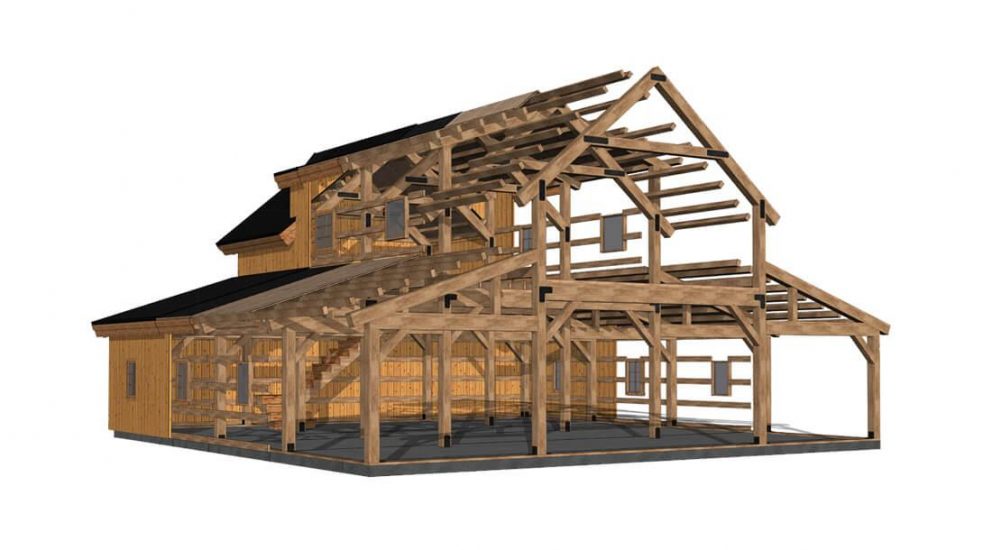 Barn package timber frame 3 D rendering 44x48 interior great plains western horse barn