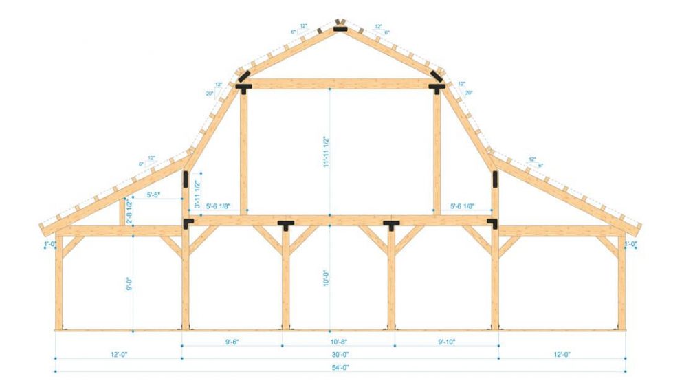 Barn package timber frame bent design 54x60 great plains gambrel barn