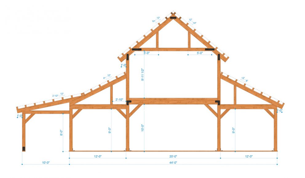 Barn package timber frame bent design 44x48 great plains western horse barn