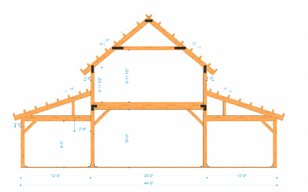 Barn package timber frame bent design 44x48 great plains western horse barn