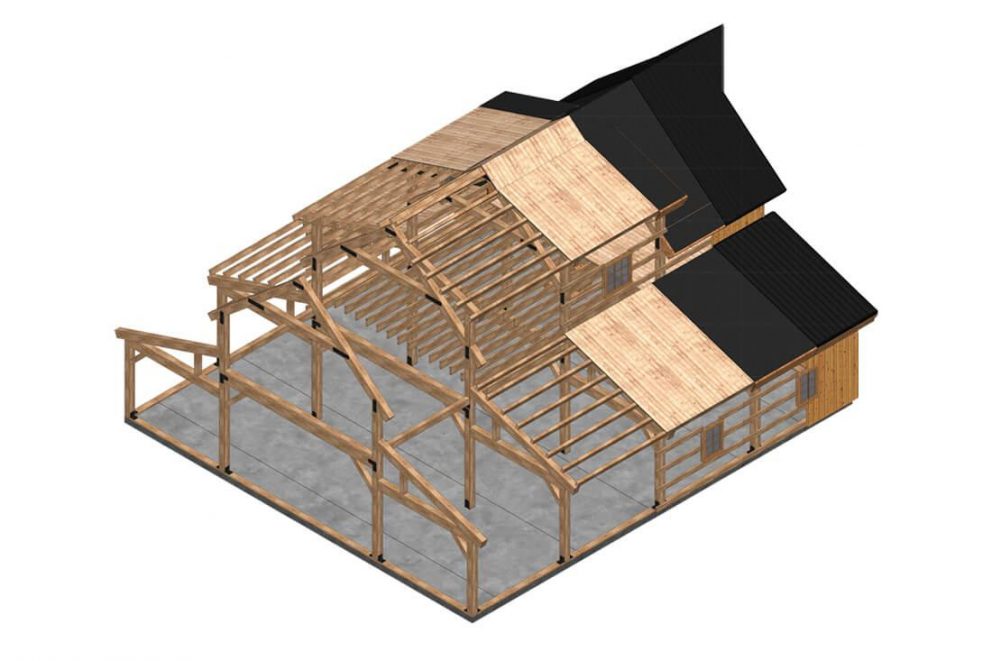 Barn package timber frame 3 D rendering 44x48 topview great plains western horse barn